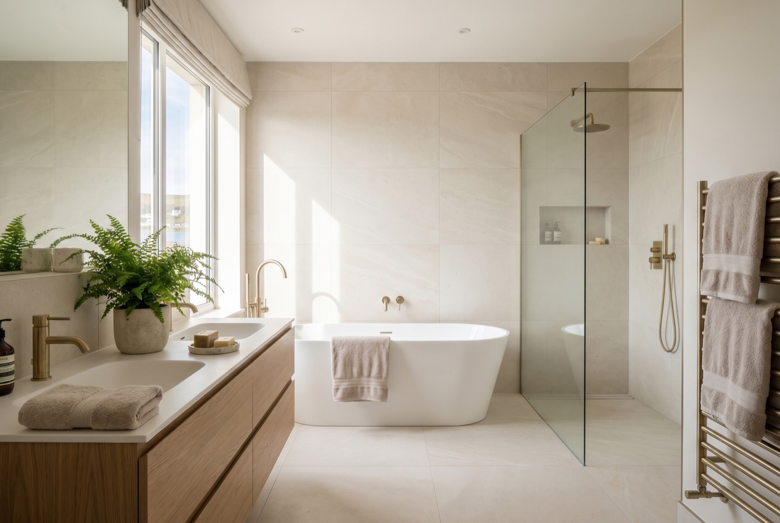 A finished family bathroom with twin basins, a walk-in shower and a double-ended bath.