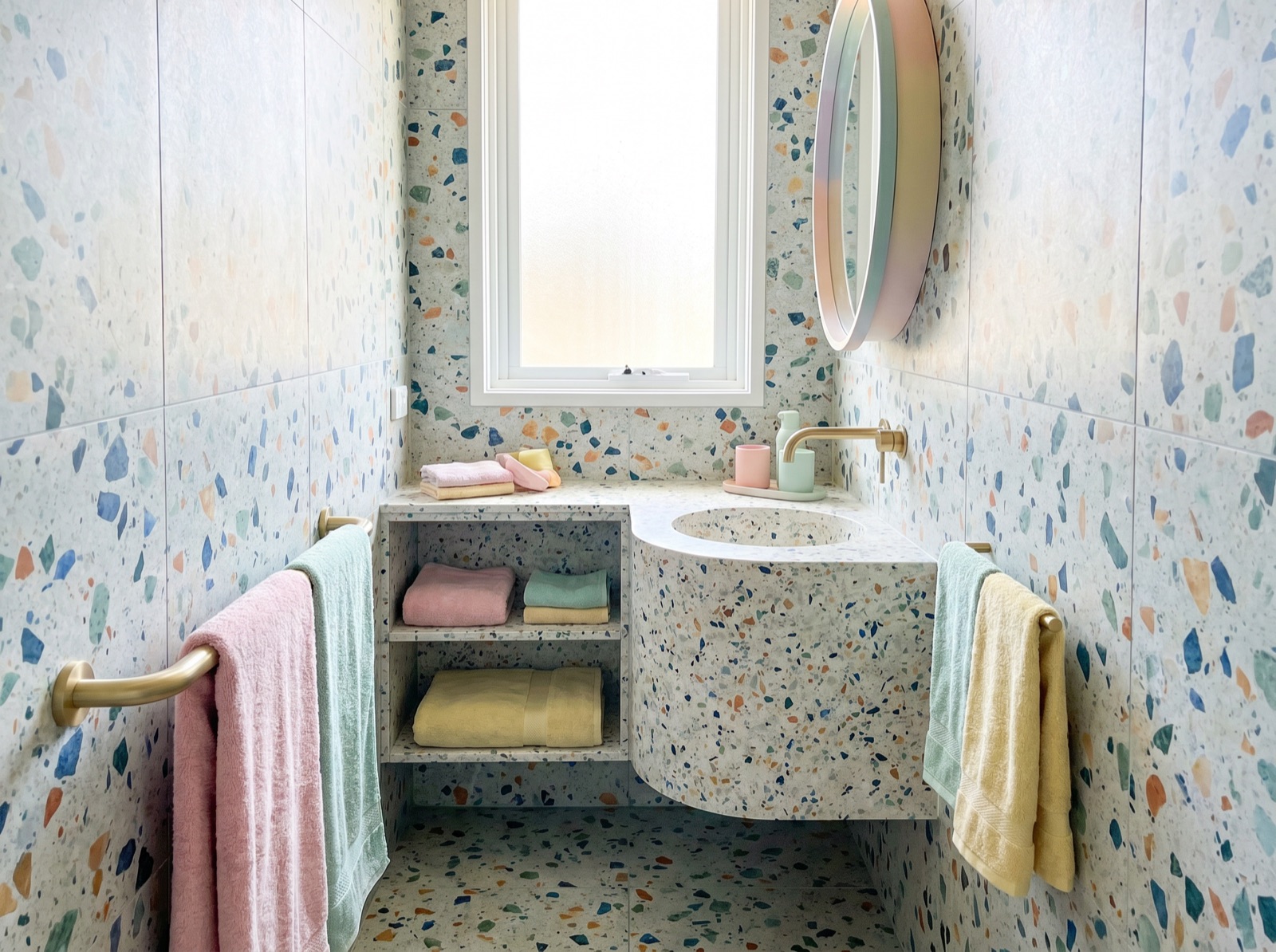 Terrazzo bathroom — a finished example of the terrazzo look.