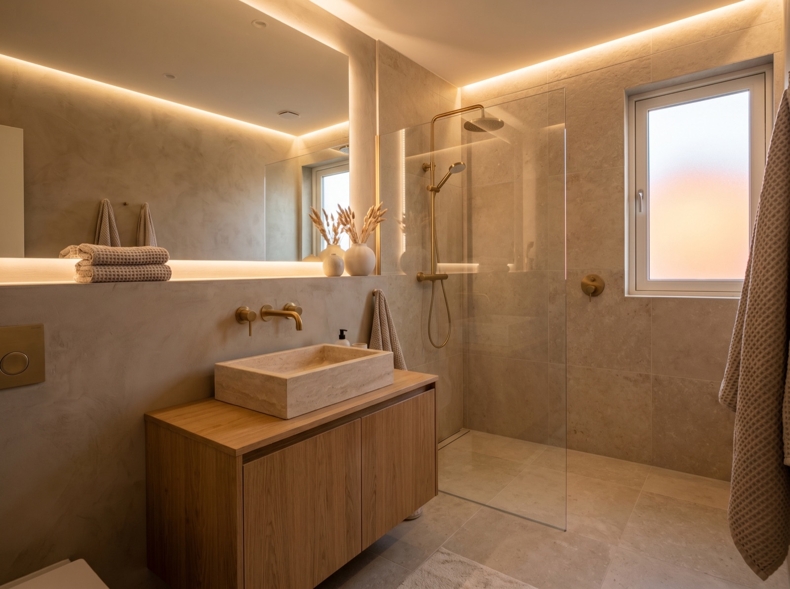 Warm neutral bathroom — a finished example of the warm neutral look.