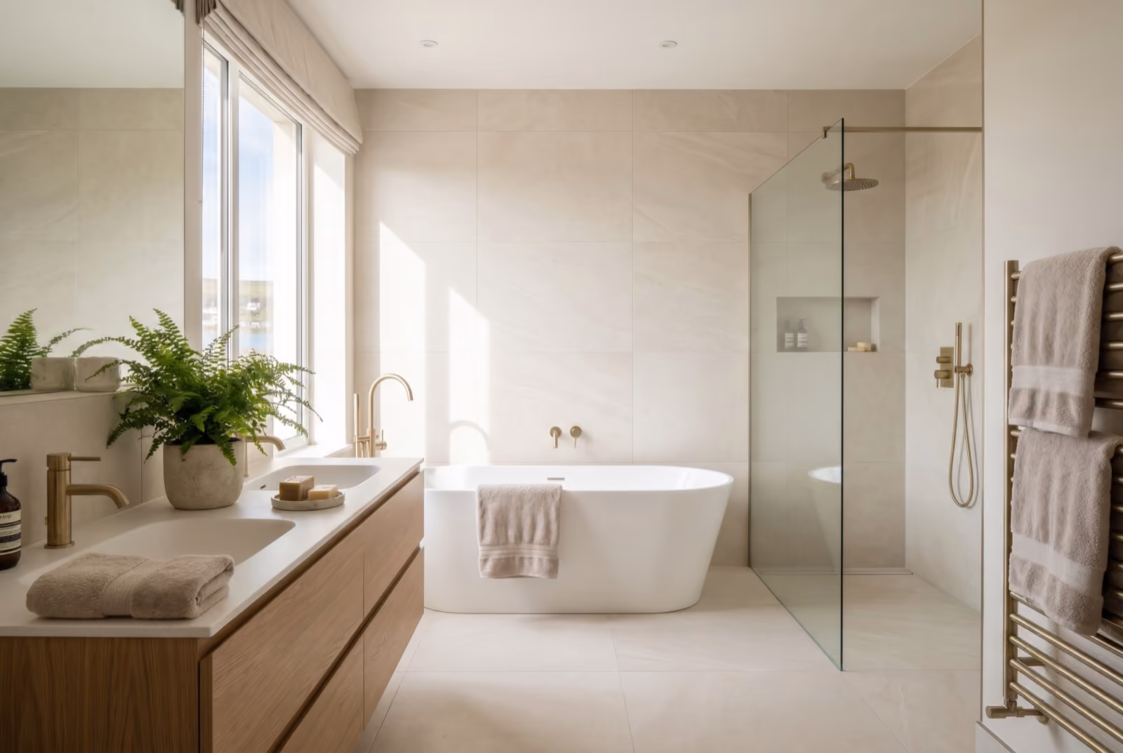 A finished family bathroom with twin basins, a walk-in shower and a double-ended bath.