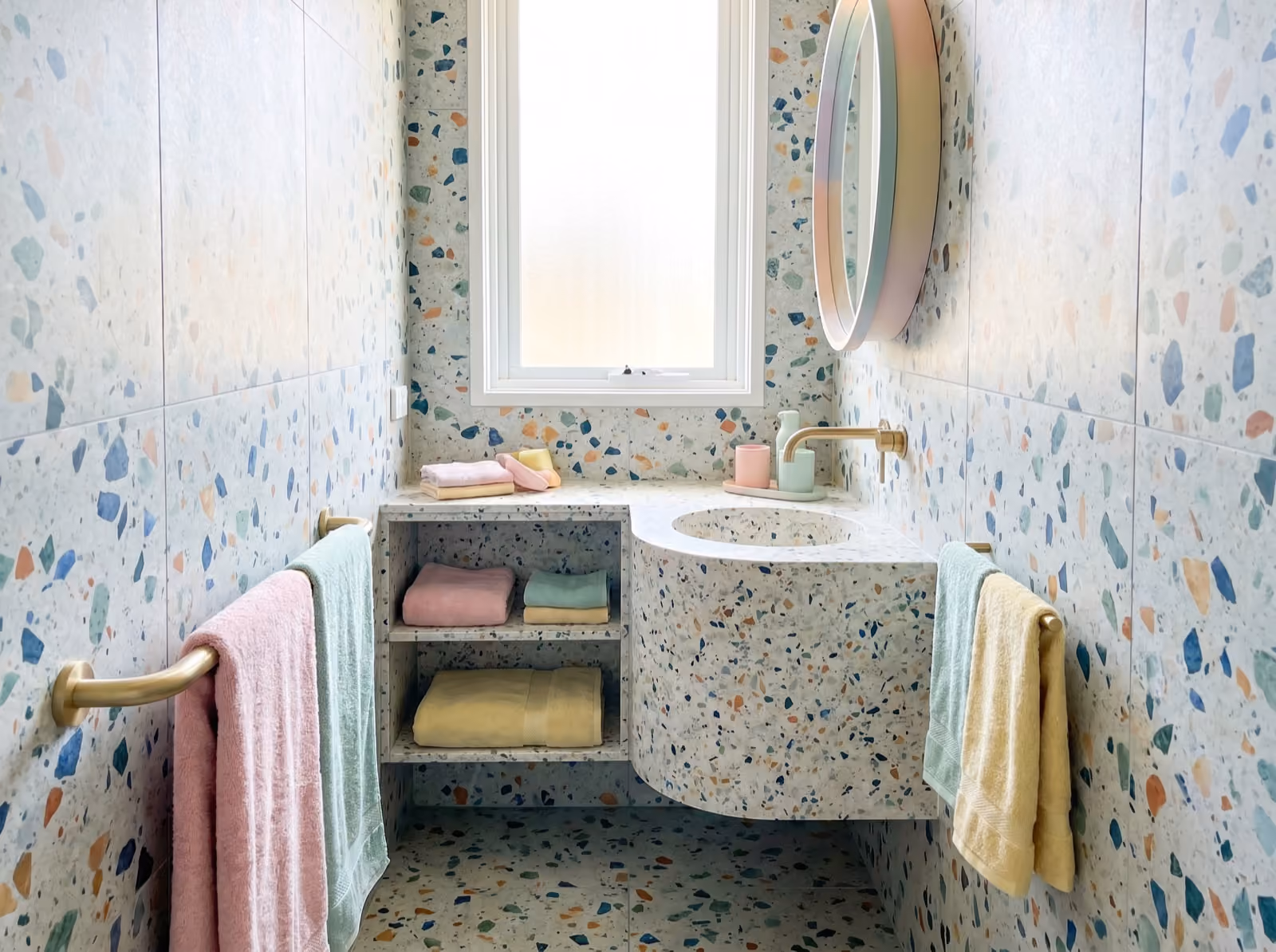 Terrazzo bathroom — a finished example of the terrazzo look.